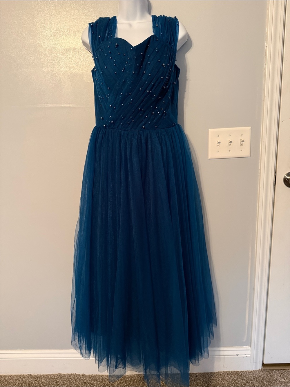 Dark Teal Tulle Maxi Dress with Beaded Bodice